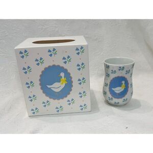 Collins Aikman Tissue Box Cover Toothbrush Holder Lacquerware Geese Blue Flower